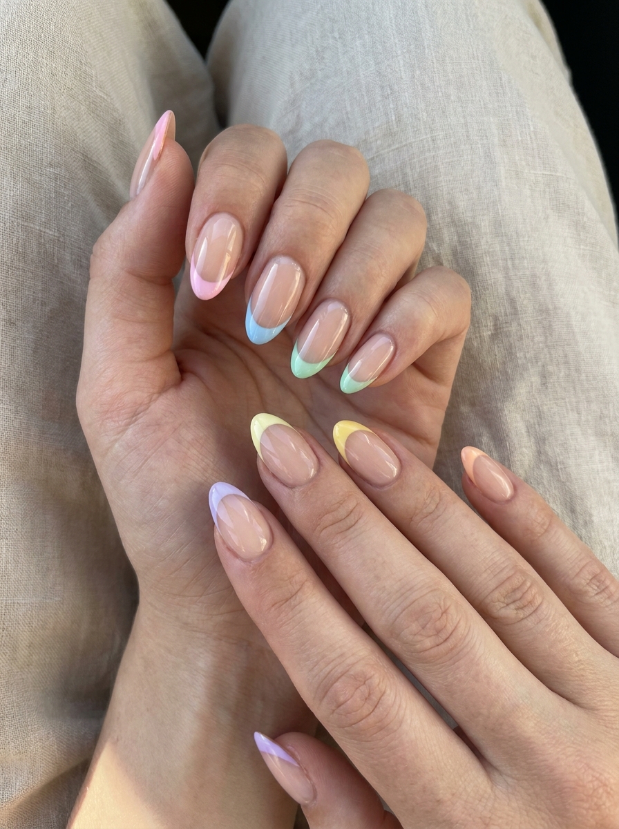 Pastel Rainbow French Tips mit verschiedenen pastellfarbenen Spitzen
